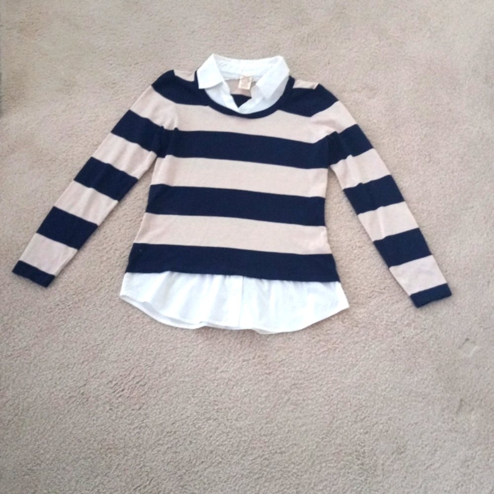 EUC Sweater Striped Shirt w/Tailored Cotton Collar & Shirttail S 8-10